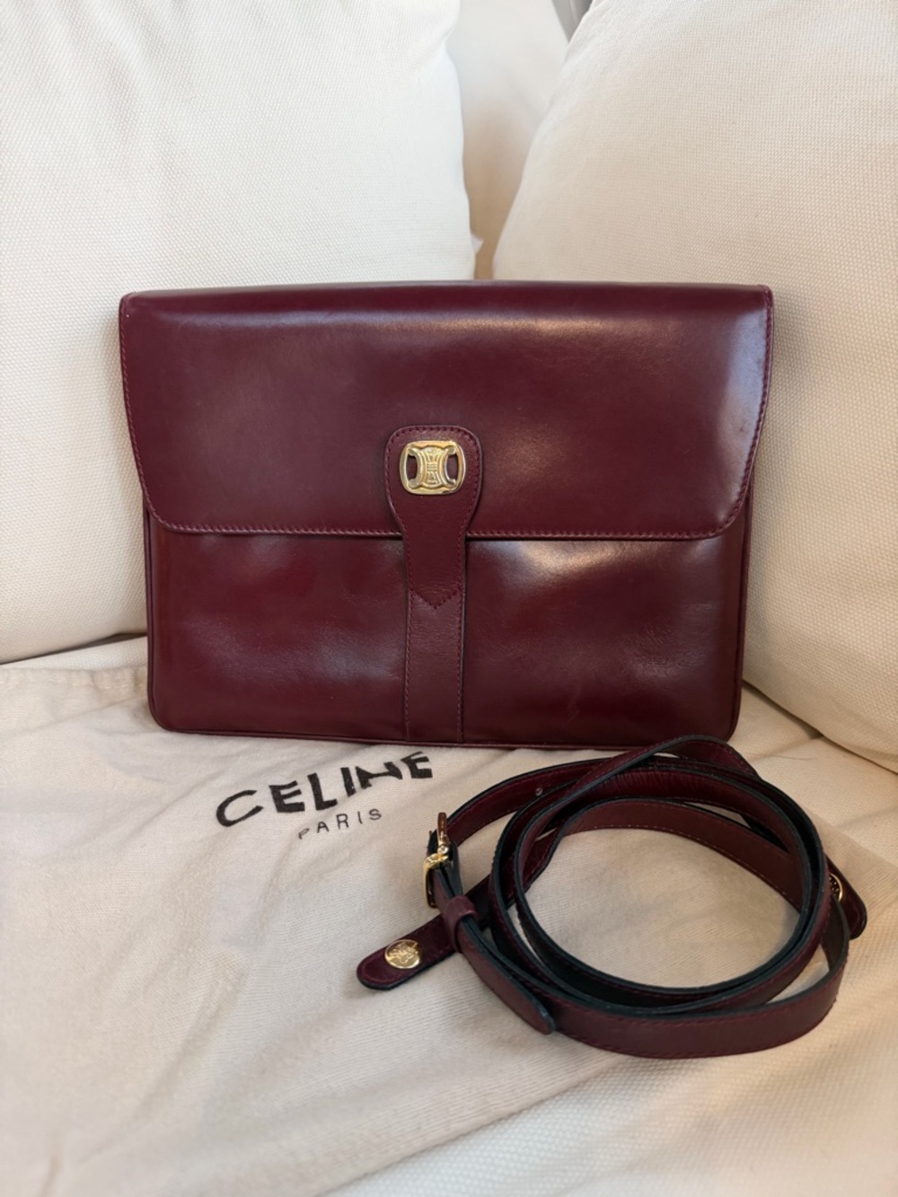 Celine Burgundy Shoulder Bag with Gold-Tone Clasp - Picture 2 of 13